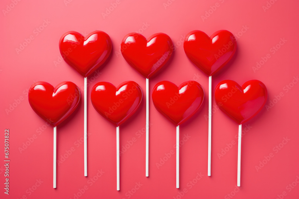 A fun and vibrant arrangement of heart-shaped lollipops on a red backdrop, ideal for creating sweet and loving greeting cards. AI Generative.