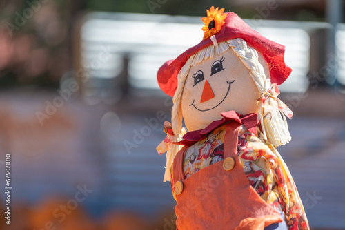Close up of a friendly looking scarecrow at a pumpkin patch in autumn with bokeh background.