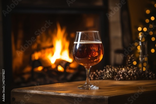 Savoring the Deep Amber Hue of a Barleywine Ale by the Comforting Light of a Fireplace