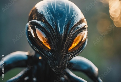 a very pretty alien statue with glowing eyes in a field photo