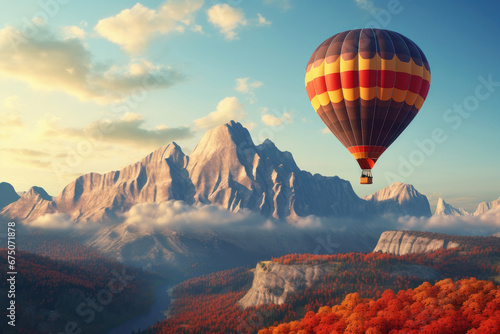 Hot air balloon drifting over mountain peaks, capturing the beauty of nature's canvas at sunset. An evening voyage in the sky. AI Generative.