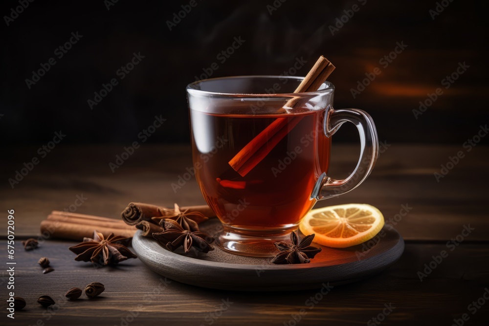 An Aromatic Picture of a Hot Cinnamon and Clove Infusion Drink in a Clear Glass Mug An Aromatic Picture of a Hot Cinnamon and Clove Infusion Drink in a Clear Glass Mug