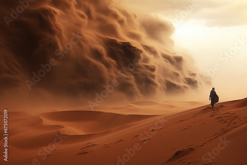 A dramatic sand and dust storm blankets the desert landscape on a scorching summer day, showcasing the power and beauty of nature. AI Generative.