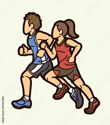 Children Running Together Boy and Girl Start Running Cartoon Sport Graphic Vector