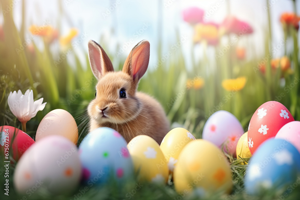 Fototapeta premium A festive Easter scene, A bunny sits in a field of colorful eggs, bringing the joy and symbols of the holiday to life. AI Generative.
