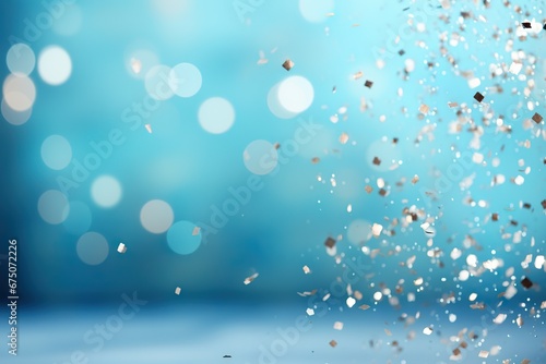 Silver confetti falling on blue white holiday background. Vector carnival party glitter, sparkling shine confetti background