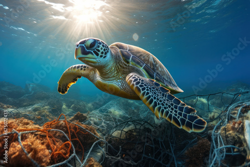 Urgent call for action, A sea turtle navigating through plastic pollution, serving as a reminder of the pressing need for environmental conservation. AI Generative.