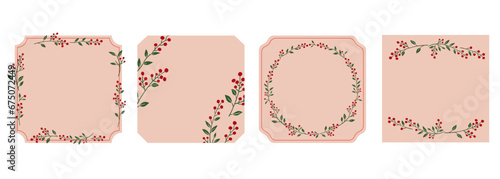 Holiday season Red berries vector illustration. Botanical frames and background design.Hand-drawn style.	