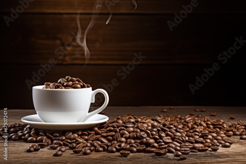 A white coffee cup full of coffee beans spilling out on a wood background