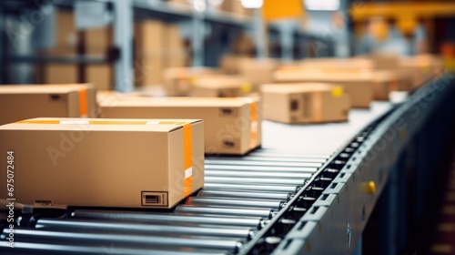 Close-up of multiple cardboard box packages seamlessly moving along a conveyor belt in a warehouse.