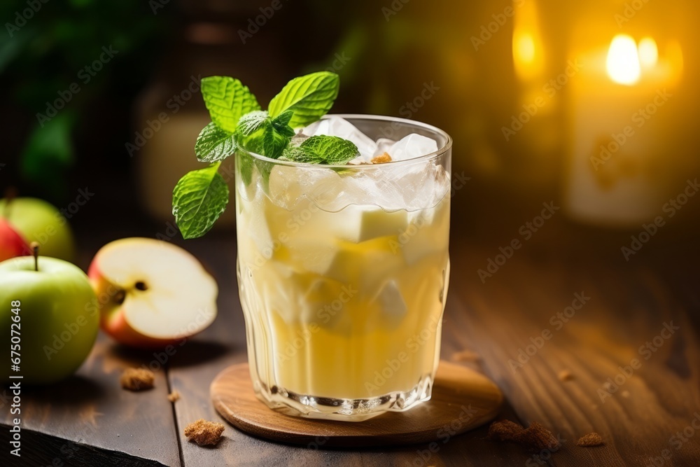 Fototapeta premium Morning Delight: A Nutritious Apple and Honey Shake Bathed in Soft Light on a Rustic Table