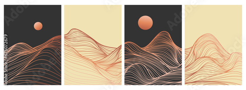 set of creative minimalist modern line art pattern. Abstract mountain contemporary aesthetic backgrounds landscapes. with mountain, desert and wave. use for print art, poster, cover, banner
