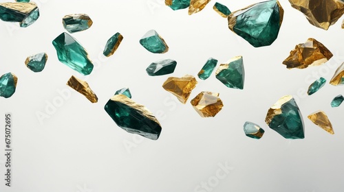 An AI illustration of many green and gold colored jewels on a light grey background photo