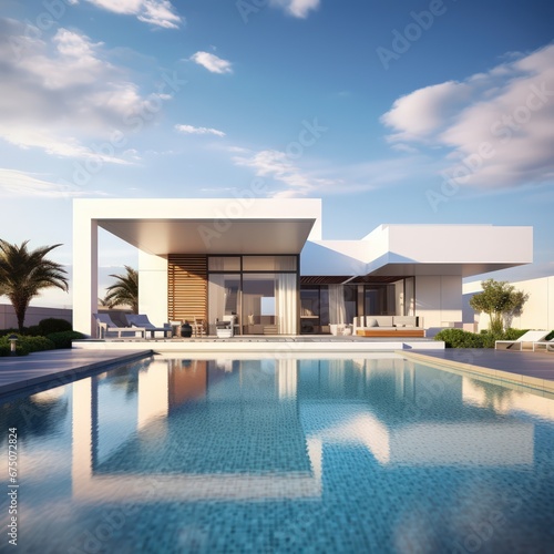 Exterior of a modern minimalist cubic villa with a swimming pool © crazyass