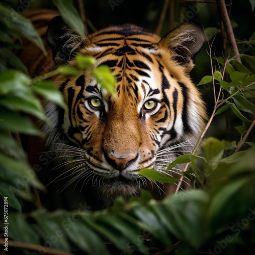 AI generated illustration of a majestic tiger stands alertly in the forest