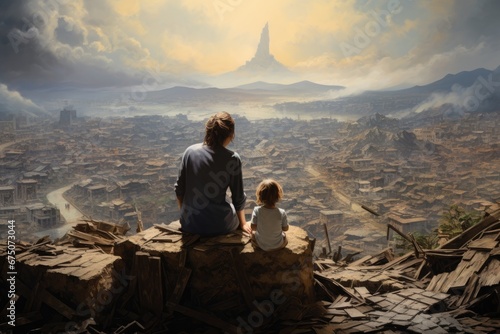 Woman and child looking at destruction during war