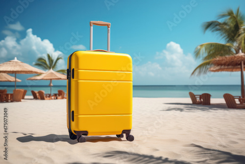 The beauty of travel, Yellow suitcase on a tranquil beach, a summer vacation dream. It is AI Generative happiness. © Alisa