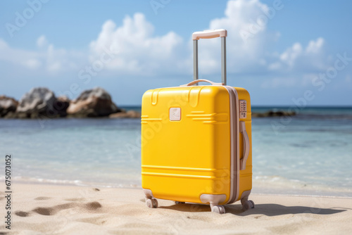 Summer wanderlust  Yellow suitcase on a gorgeous beach  the essence of holiday travel. The concept is AI Generative.