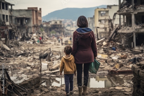 Rear view of mother and child looking at rubble of destruction 