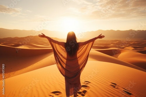 woman in the desert standing with arms raised