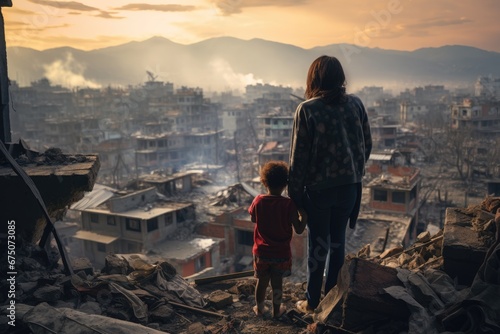 Woman and child looking at destroyed city 