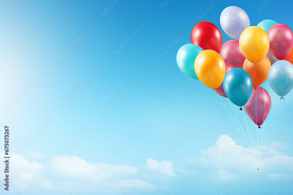 Colorful balloons in a bunch soaring in the sky, a closeup of joyous birthday celebration. AI Generative.