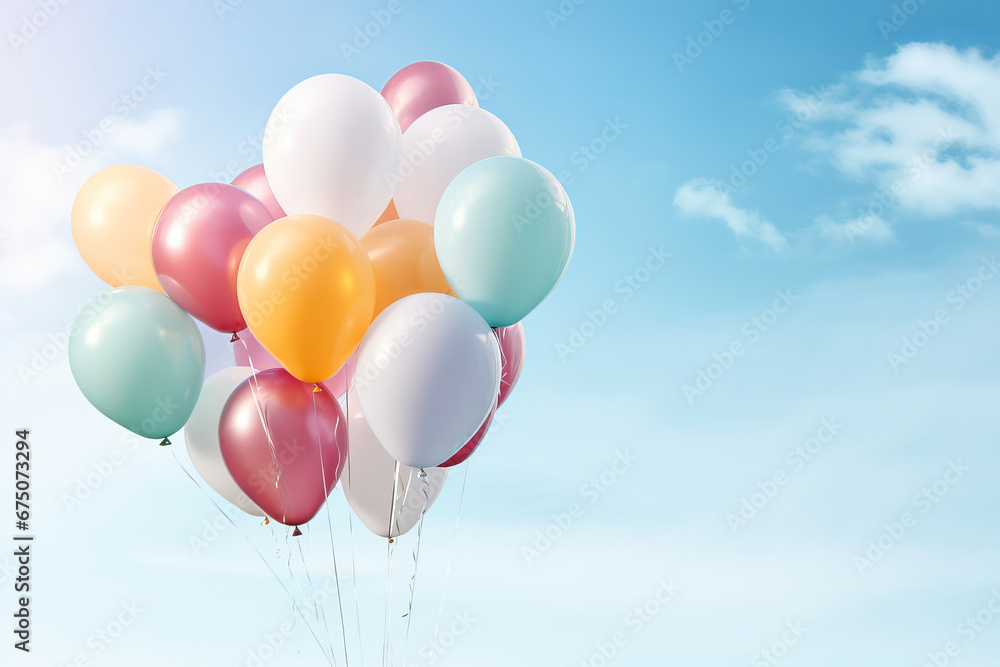 A bunch of bright and vibrant balloons, closeup of a joyous birthday party with the blue sky as a backdrop. AI Generative. A bunch of bright and vibrant balloons, closeup of a joyous birthday party with the blue sky as a backdrop. AI Generative.