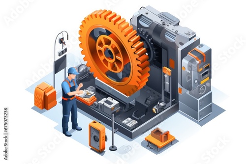 Engineer Maintenance machine isometric industrial employee worker fixing in factory element on white background isolated.