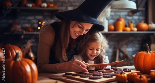 Mother and daughter together in halloween hat make cookies.