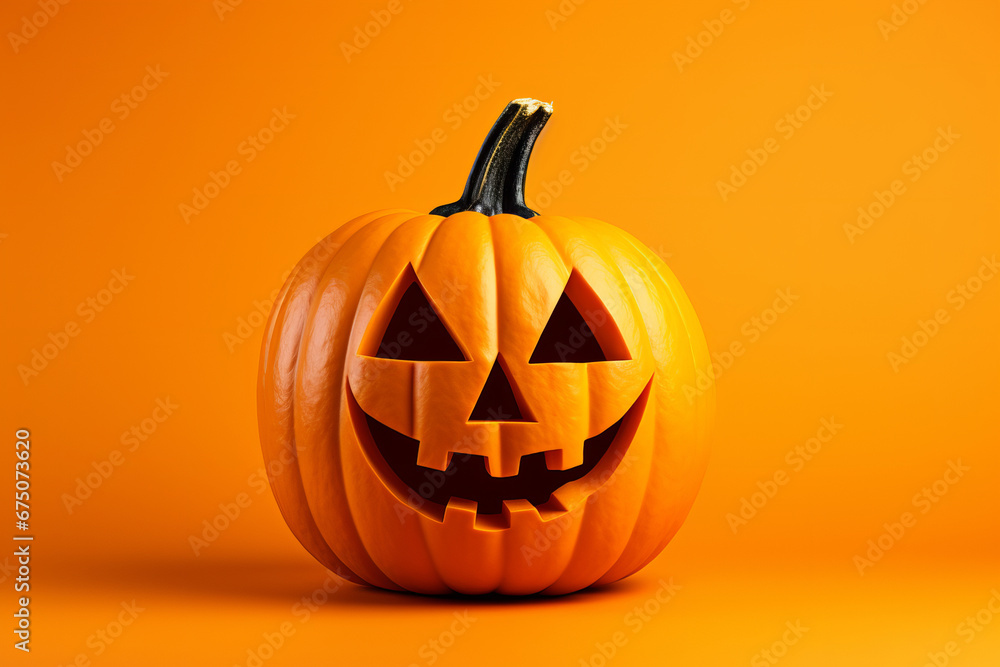 Smiling jack-o-lantern pumpkin on an orange background, spreading joy and Halloween cheer. AI Generative.