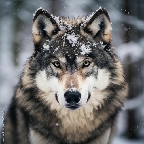 AI generated illustration of a large grey wolf in a snowy field, alertly surveying its surroundings © Wirestock