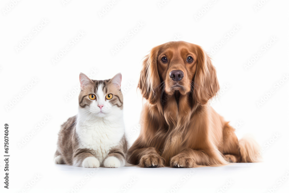 A heartwarming indoor portrait of a purebred dog and cute kitten, sitting in perfect harmony. Their love, joy, and furry friendship on full display is AI Generative. - obrazy, fototapety, plakaty 