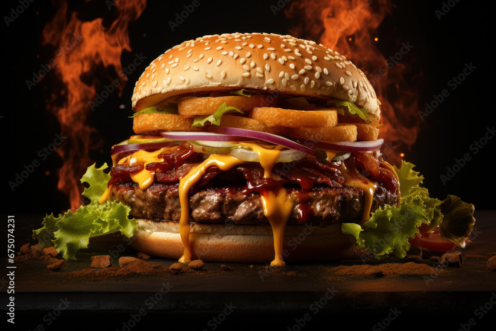 A mouthwatering cheeseburger with crispy fries, set against a dark background. This delectable meal is AI Generative. - obrazy, fototapety, plakaty 