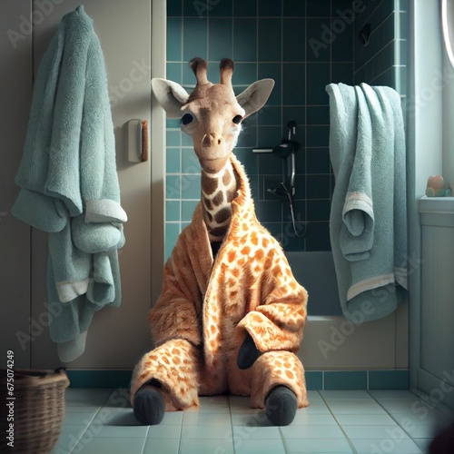 AI generated illustration of a cute giraffe in a robe in the bathroom