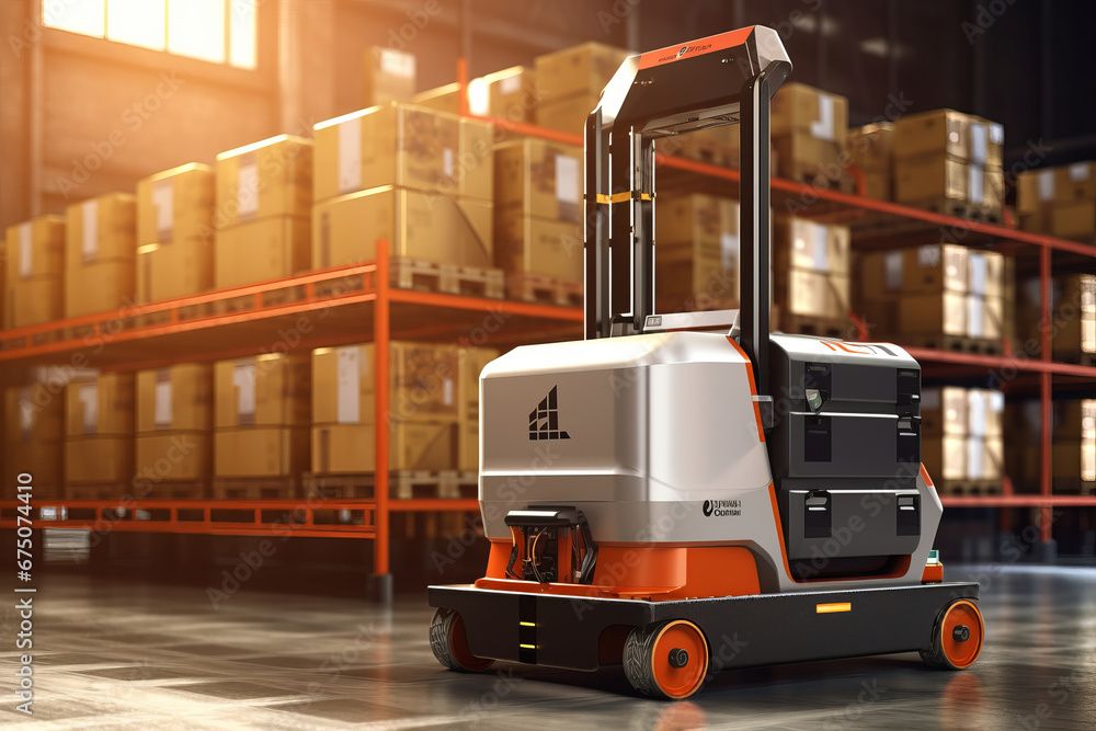 Forklift truck operating in a well-organized warehouse with cardboard boxes, pallets, and shelves. Efficient supply chain. AI Generative.