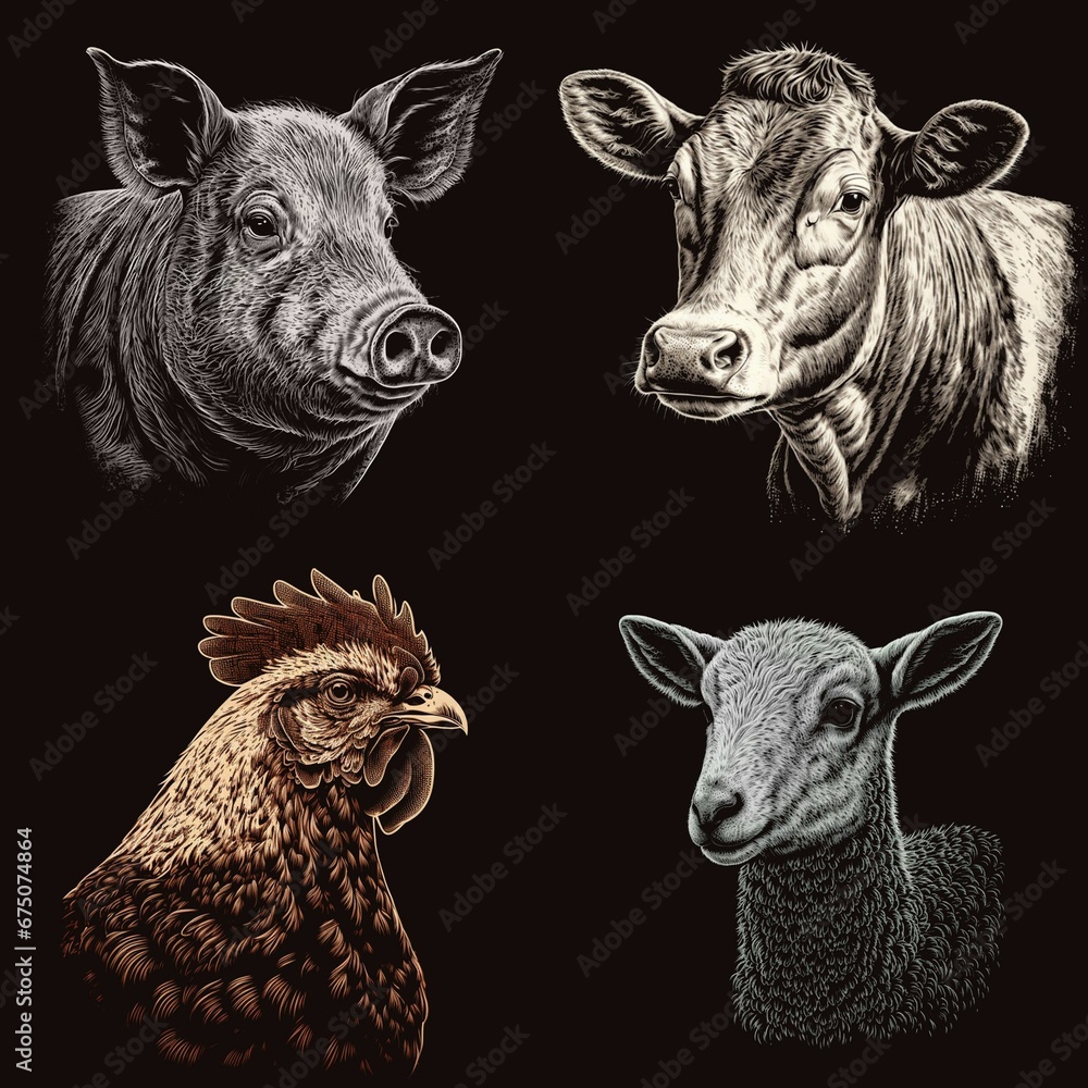 Fototapeta premium AI-generated illustration of domestic animals, sketched on a black background