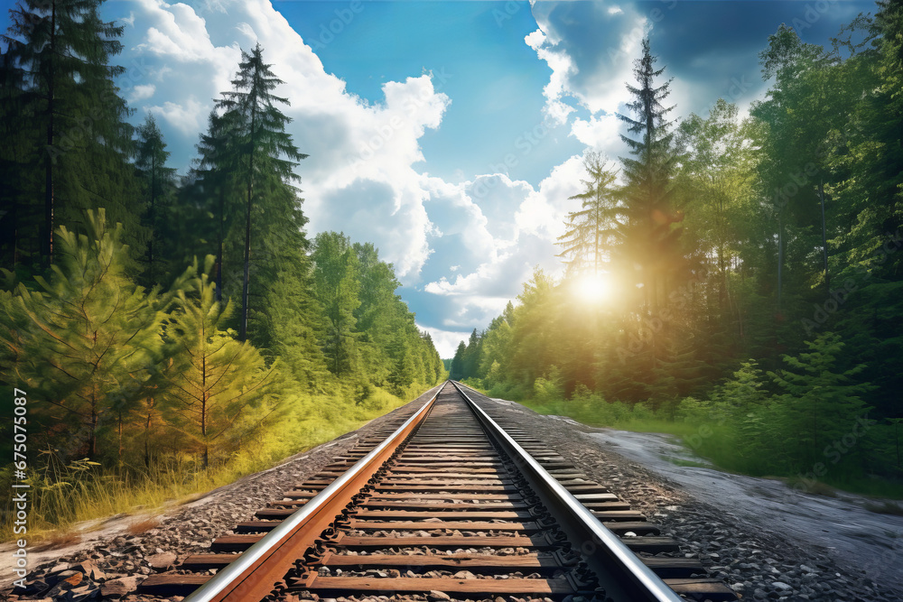 Fototapeta premium Cargo train tracks surrounded by a lush forest capture the essence of historical transportation. AI Generative.