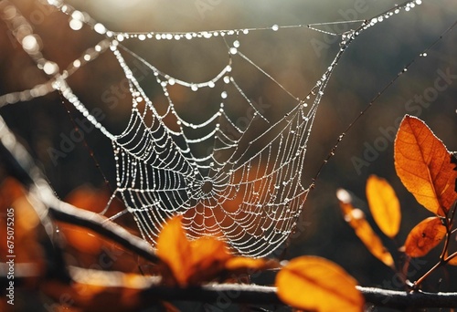 an image of water in a cobwe on top of leaves photo