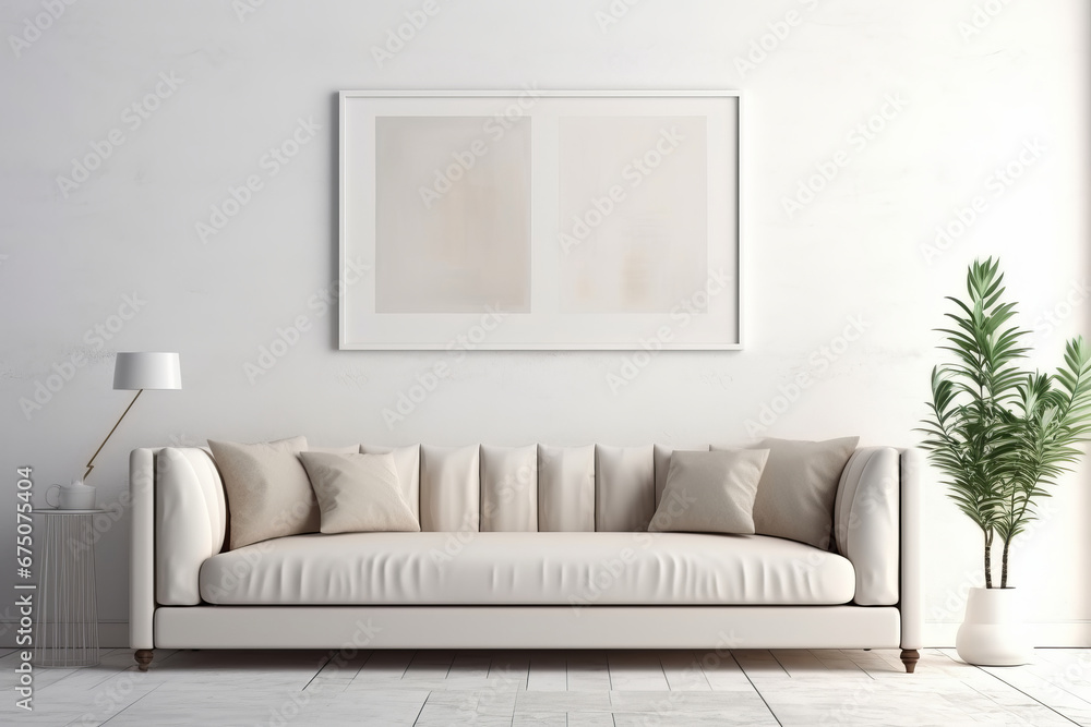 A blank frame poster in a modern Scandinavian living room with an elegant white sofa. Stylish interior concept. This description is AI Generative. A blank frame poster in a modern Scandinavian living room with an elegant white sofa. Stylish interior concept. This description is AI Generative.