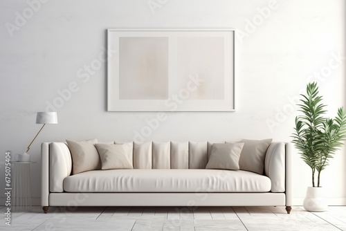 A blank frame poster in a modern Scandinavian living room with an elegant white sofa. Stylish interior concept. This description is AI Generative.