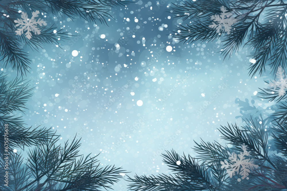 Holiday design with snowy pine tree branches, pine cones, and shining snowflakes. Perfect for festive cards and seasonal patterns. This description is AI Generative.