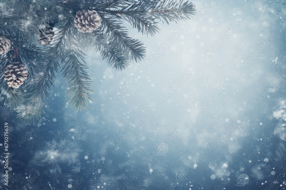 Christmas card featuring a snowy pine tree branch, pine cones, and retro snowflakes. Suitable for a festive holiday scene. This description is AI Generative.