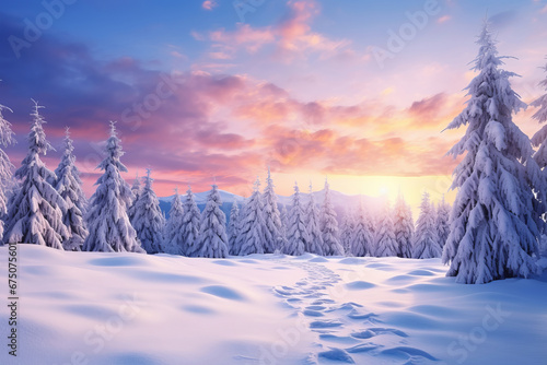 Sunset over a snow-covered forest and frozen river, a stunning winter scenery. Natural lighting and serene landscape in the wilderness. This description is AI Generative. © Alisa