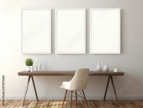 Three white photo frames and an office table on a white wall in a room.