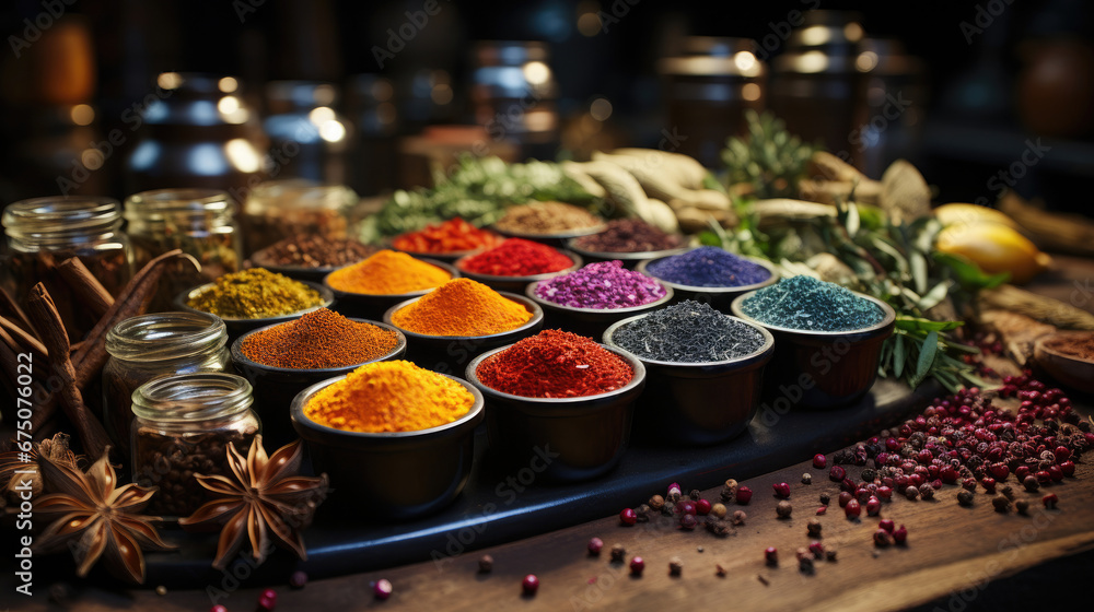 Colorful Spices On Wooden Table 3D Rendering, Background Image, Hd
