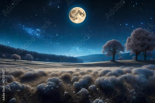 fantasy scene of a landscape with stars and moon lying on the field.