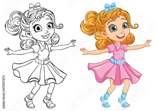 Happy Girl Dancing Cartoon Character and Outline for Coloring Pages