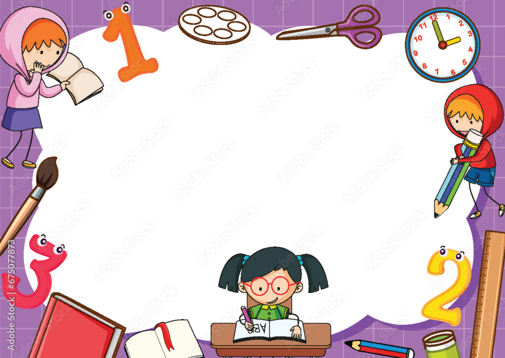 Fototapeta premium Children Learning in Purple Doodle Frame