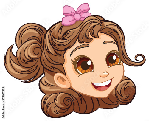 Smiling Cartoon Girl with Ribbon in Hair