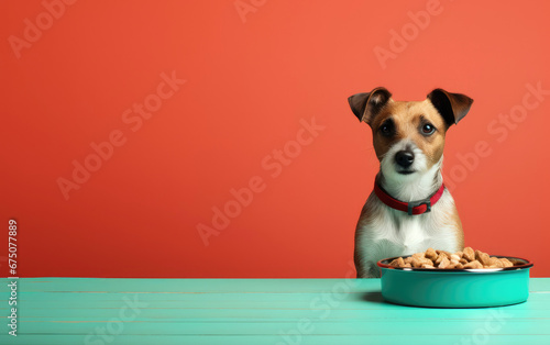 Dog sitting in front of bowl with a pet's food © piai